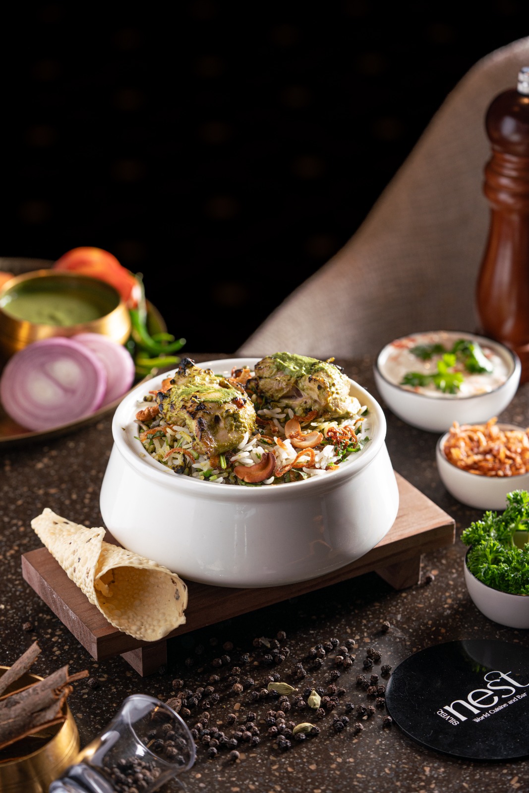 Herb-crusted chicken biryani